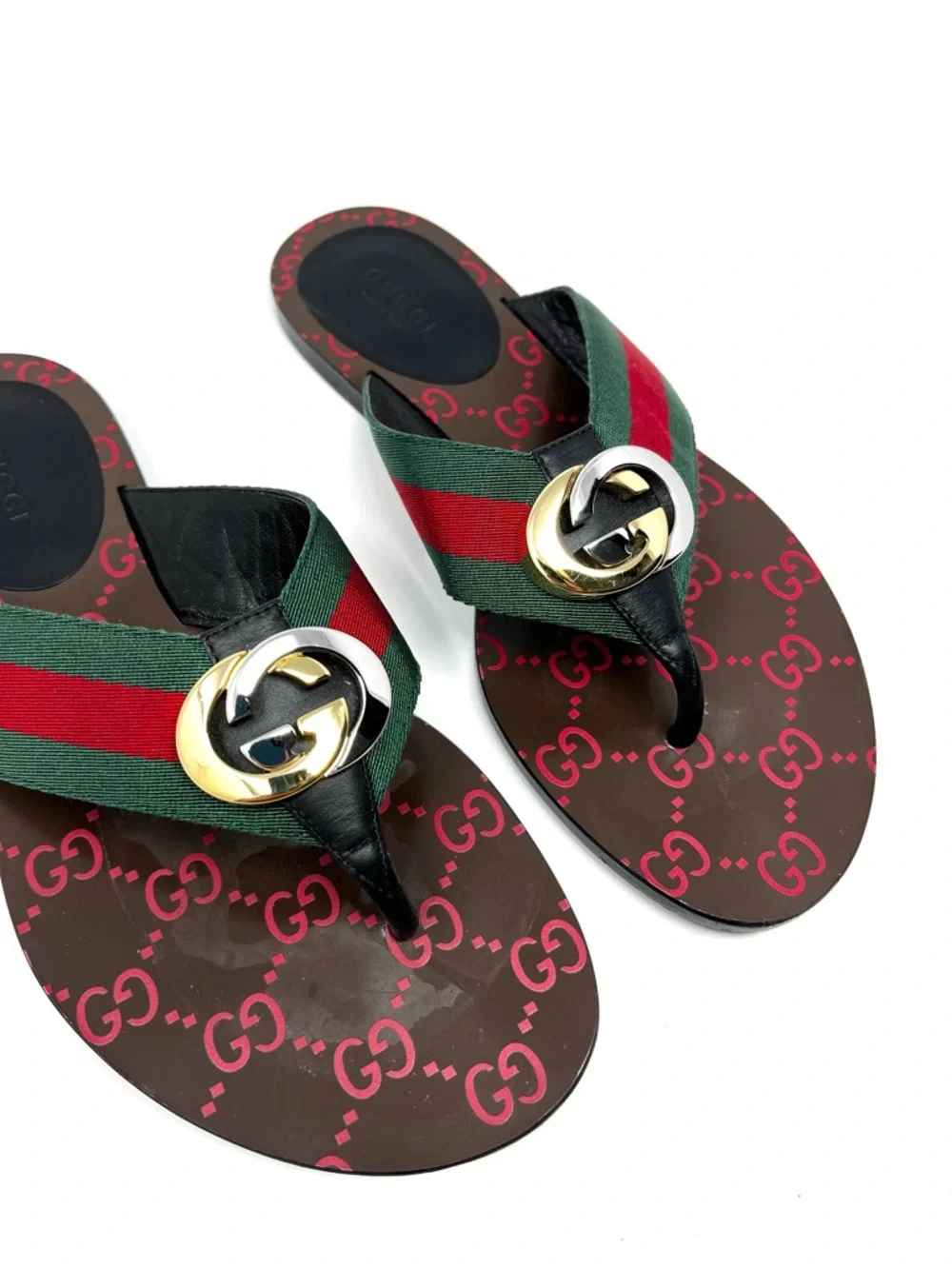 Gucci Kika Interlocking GG Logo Thong Sandals Flip Flops Flat Gold Silver 36.5 - Picture 3 of 11